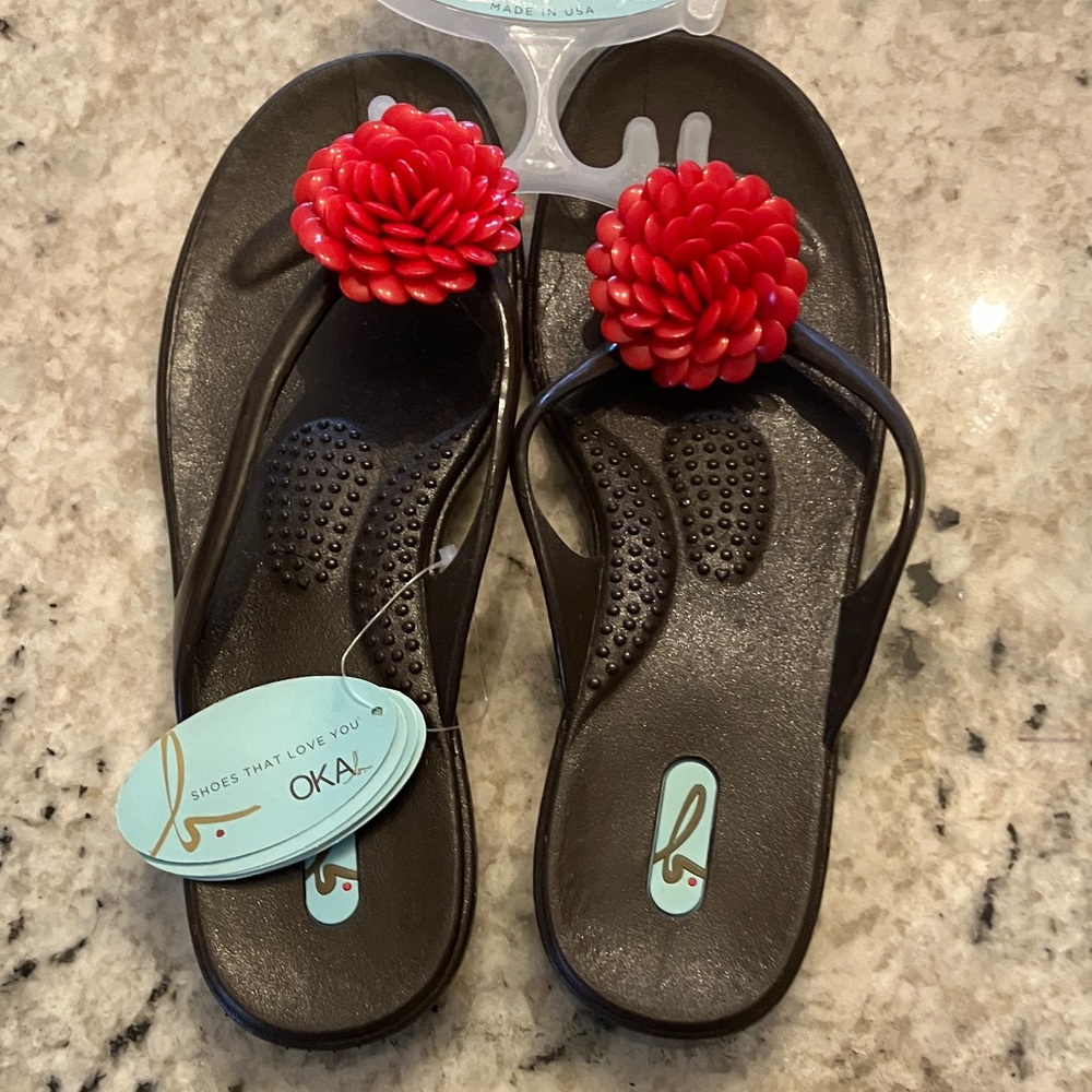Oka b. Lucy Sandals, Hot Chocolate with Red detail, US Women’s Sizes 7-8 & 10-11